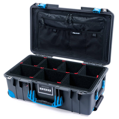 Pelican 1535 Air Case, Charcoal with Blue Handles, Push-Button Latches & Trolley TrekPak Divider System with Combo-Pouch Lid Organizer ColorCase 015350-0320-520-120-120