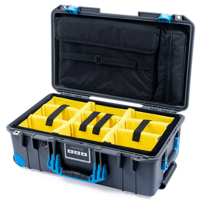 Pelican 1535 Air Case, Charcoal with Blue Handles, Push-Button Latches & Trolley Yellow Padded Microfiber Dividers with Computer Pouch ColorCase 015350-0210-520-120-120
