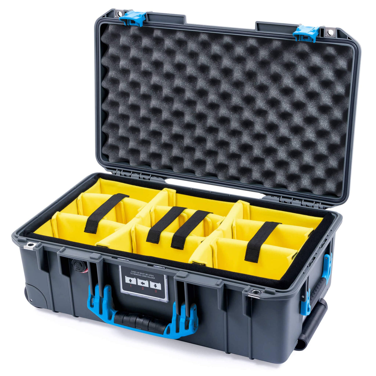 Pelican 1535 Air Case, Charcoal with Blue Handles &amp; Push-Button Latches Yellow Padded Microfiber Dividers with Convoluted Lid Foam ColorCase 015350-0010-520-120