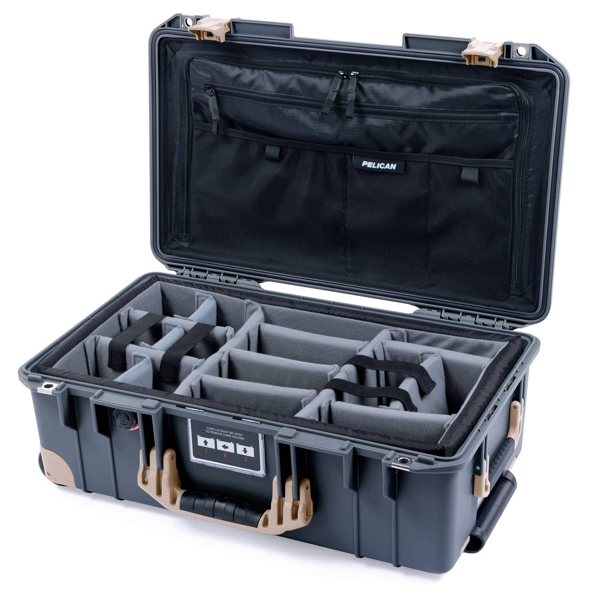 Pelican 1535 Air Case, Charcoal with Desert Tan Handles, Latches &amp; Trolley Gray Padded Microfiber Dividers with Combo-Pouch Lid Organizer ColorCase 015350-0370-520-311-310
