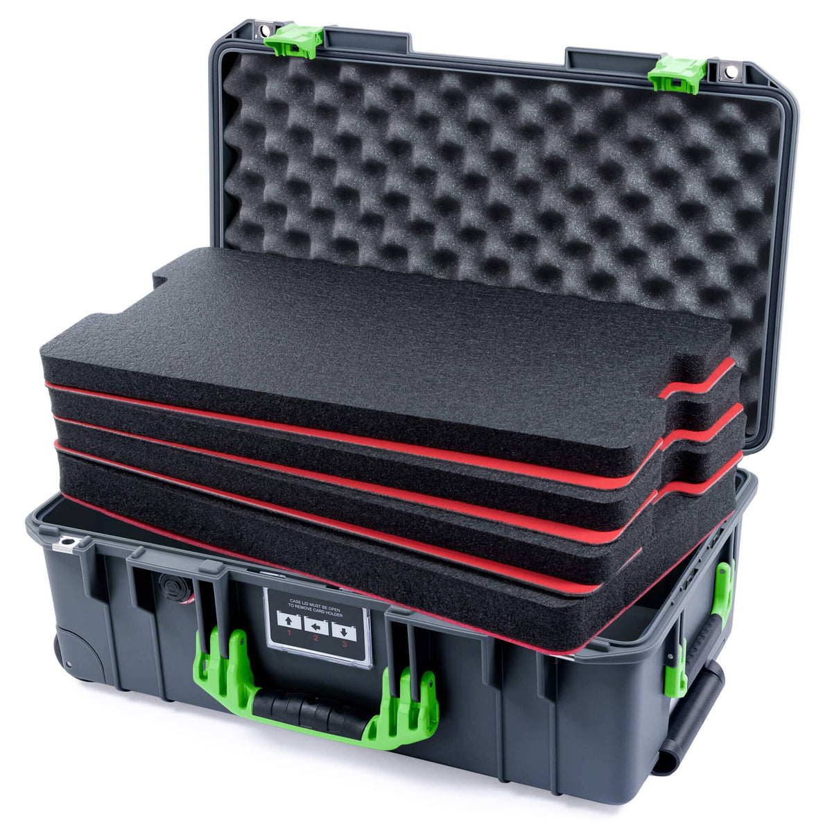 Pelican 1535 Air Case, Charcoal with Lime Green Handles &amp; Latches Custom Tool Kit (4 Foam Inserts with Convoluted Lid Foam) ColorCase 015350-0060-520-301