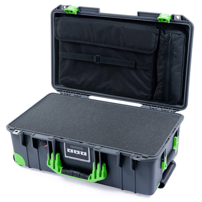 Pelican 1535 Air Case, Charcoal with Lime Green Handles, Latches & Trolley Pick & Pluck Foam with Computer Pouch ColorCase 015350-0201-520-301-300
