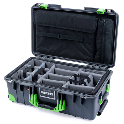 Pelican 1535 Air Case, Charcoal with Lime Green Handles, Latches & Trolley Gray Padded Microfiber Dividers with Computer Pouch ColorCase 015350-0270-520-301-300