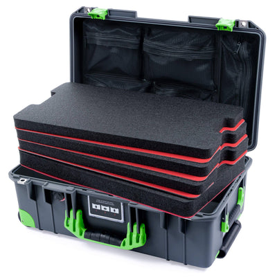 Pelican 1535 Air Case, Charcoal with Lime Green Handles, Latches & Trolley Custom Tool Kit (4 Foam Inserts with Mesh Lid Organizers) ColorCase 015350-0160-520-301-300