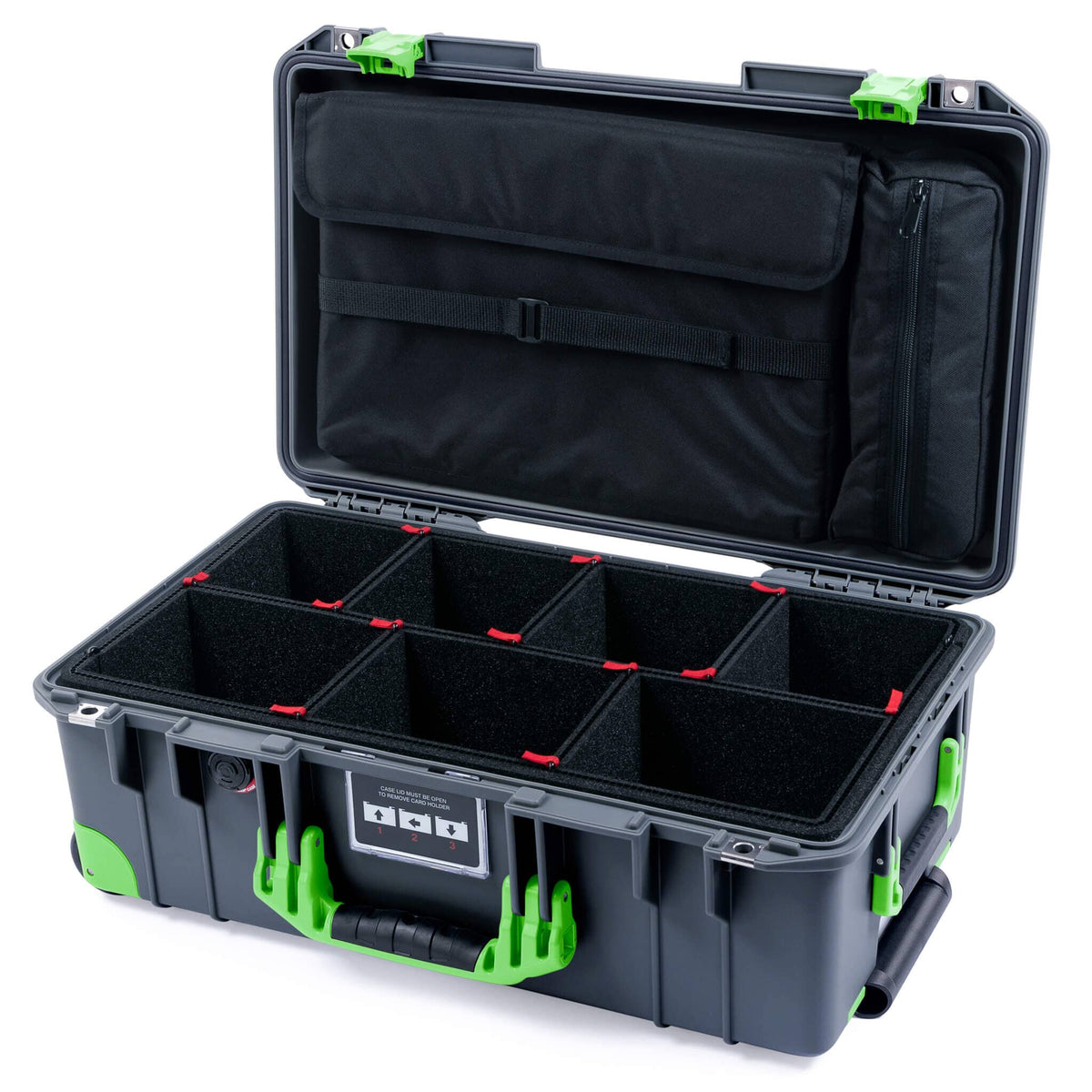 Pelican 1535 Air Case, Charcoal with Lime Green Handles, Latches &amp; Trolley TrekPak Divider System with Computer Pouch ColorCase 015350-0220-520-301-300