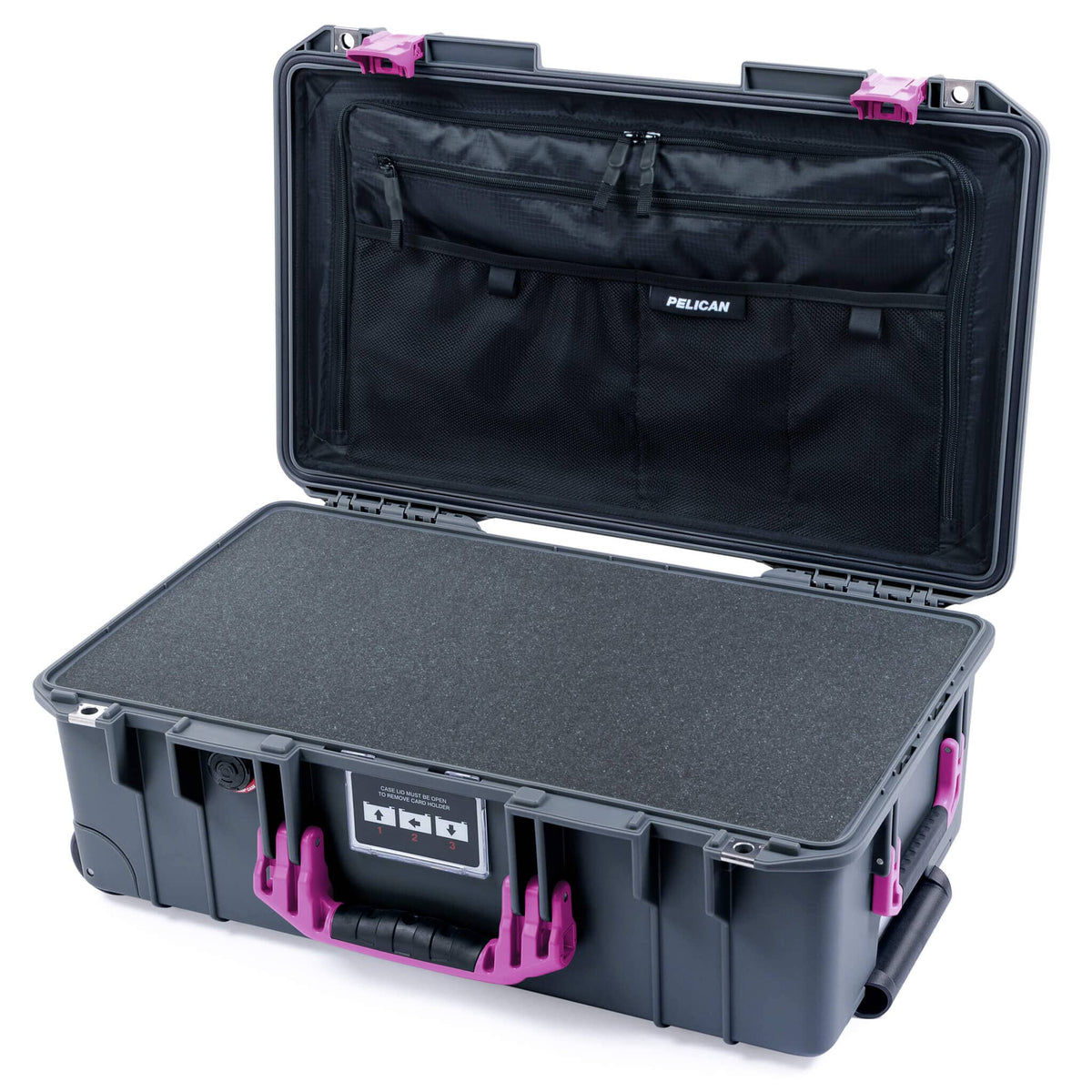 Pelican 1535 Air Case, Charcoal with Magenta Handles &amp; Latches Pick &amp; Pluck Foam with 7-Piece Removable Mesh Pouches ColorCase 015350-0701-520-401