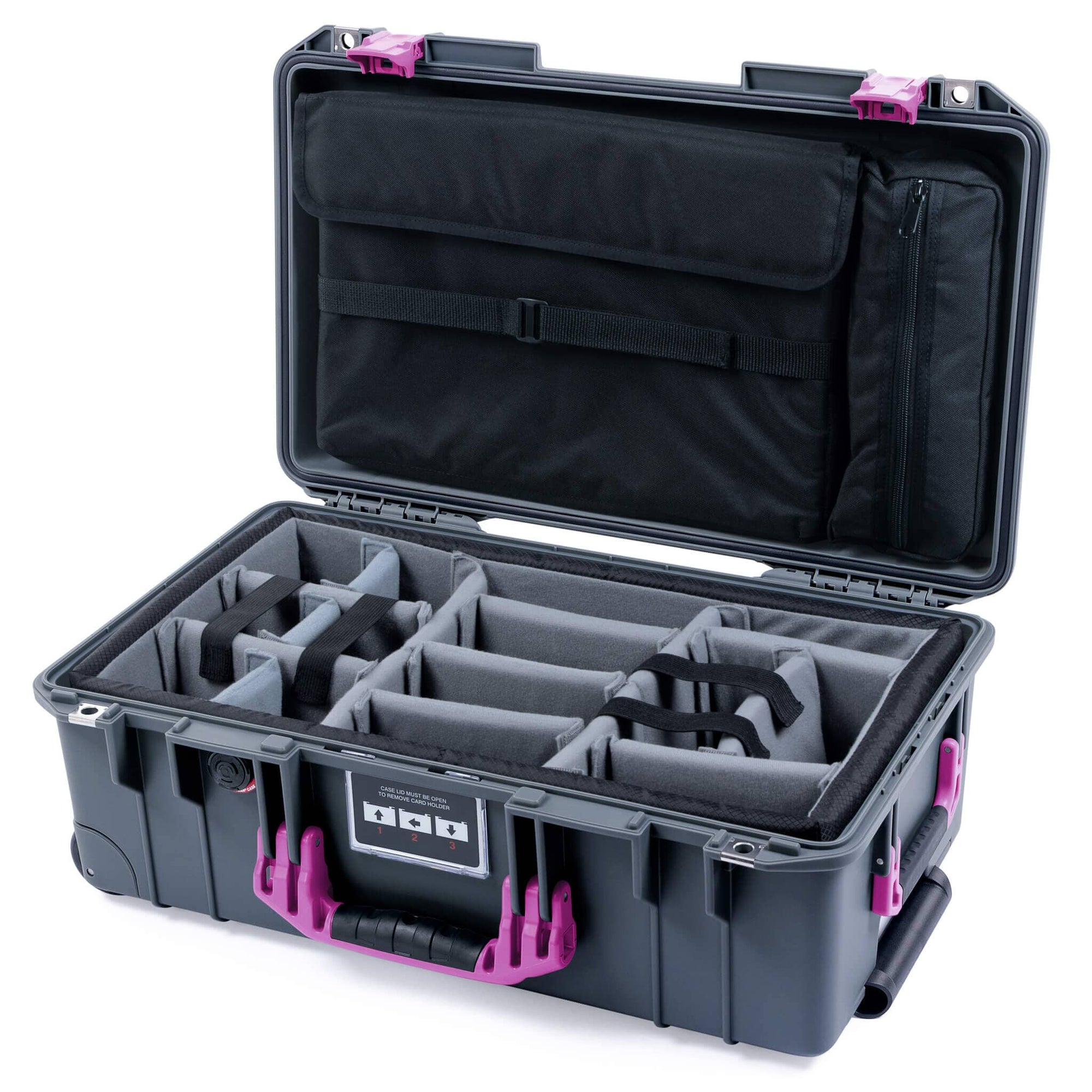 Pelican 1535 Air Case, Charcoal with Magenta Handles & Latches Gray Padded Microfiber Dividers with Laptop Computer Lid Pouch ColorCase 015350-0270-520-401