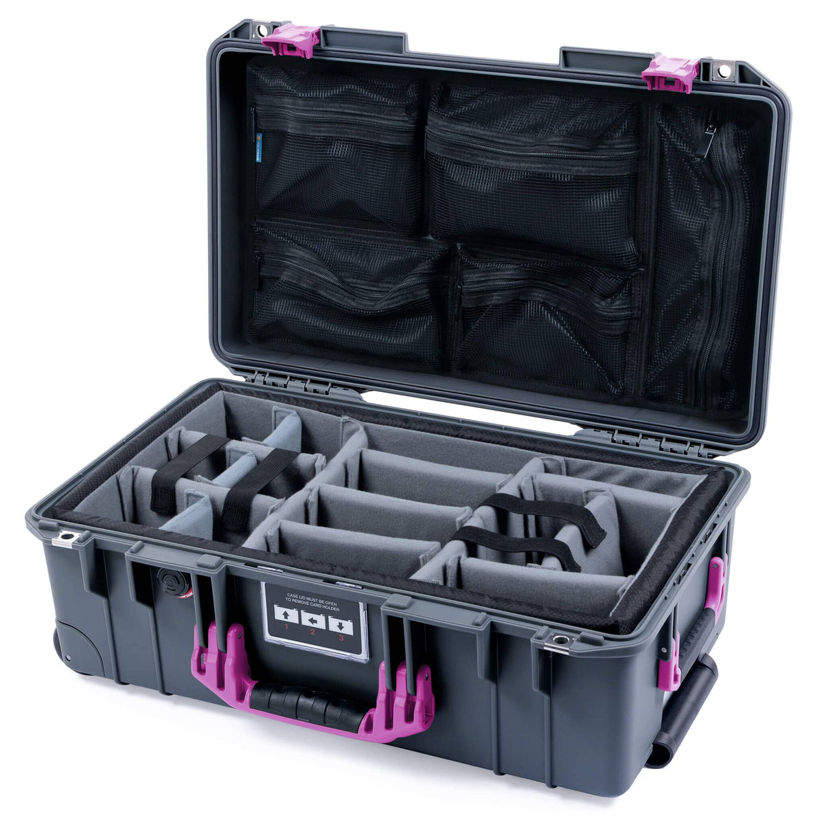 Pelican 1535 Air Case, Charcoal with Magenta Handles &amp; Latches Gray Padded Microfiber Dividers with Mesh Lid Organizer ColorCase 015350-0170-520-401