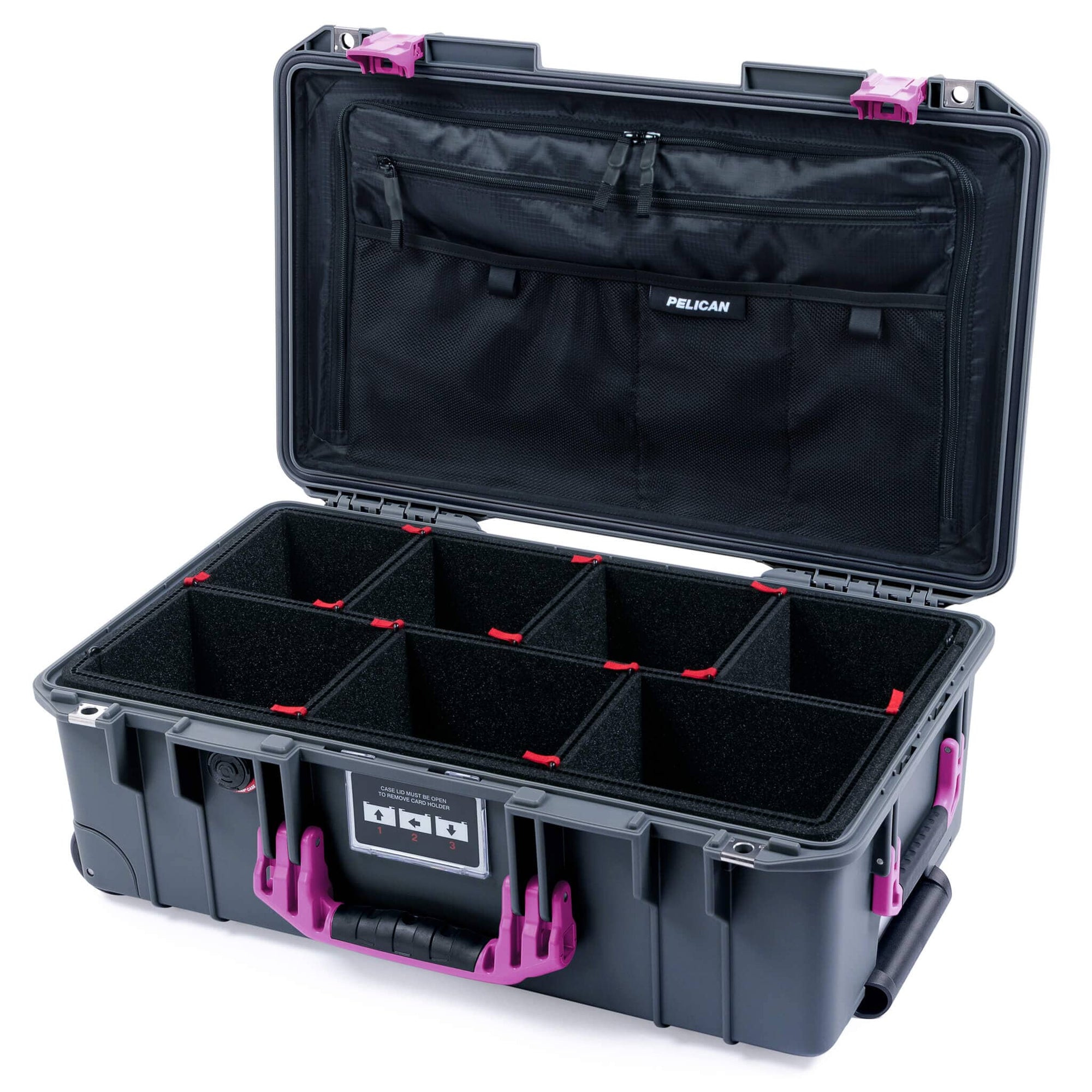 Pelican 1535 Air Case, Charcoal with Magenta Handles & Latches TrekPak Divider System with 7-Piece Removable Mesh Pouches ColorCase 015350-0720-520-401