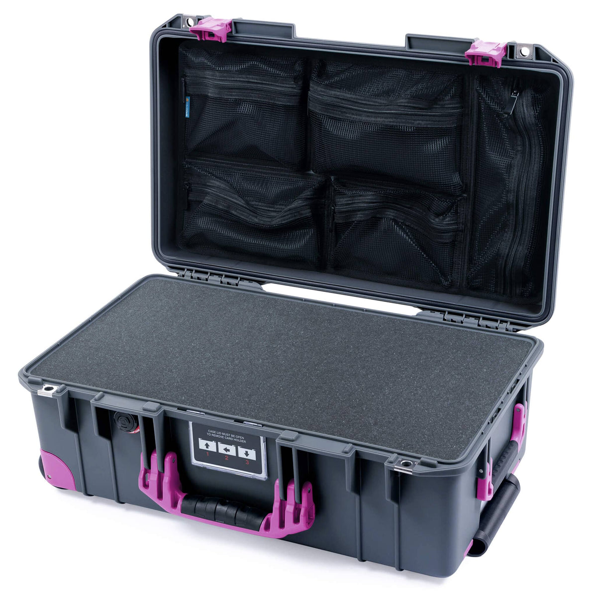 Pelican 1535 Air Case, Charcoal with Magenta Handles, Latches &amp; Trolley Pick &amp; Pluck Foam with Mesh Lid Organizer ColorCase 015350-0101-520-401-400