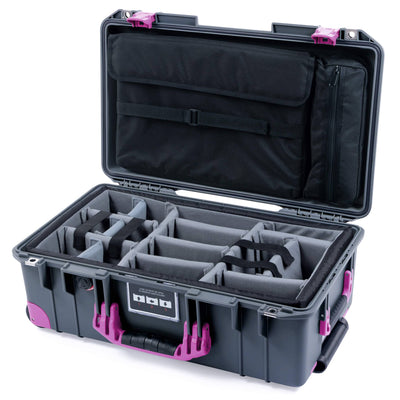 Pelican 1535 Air Case, Charcoal with Magenta Handles, Latches & Trolley Pick & Pluck Foam with Laptop Computer Lid Pouch ColorCase 015350-0201-520-401-400