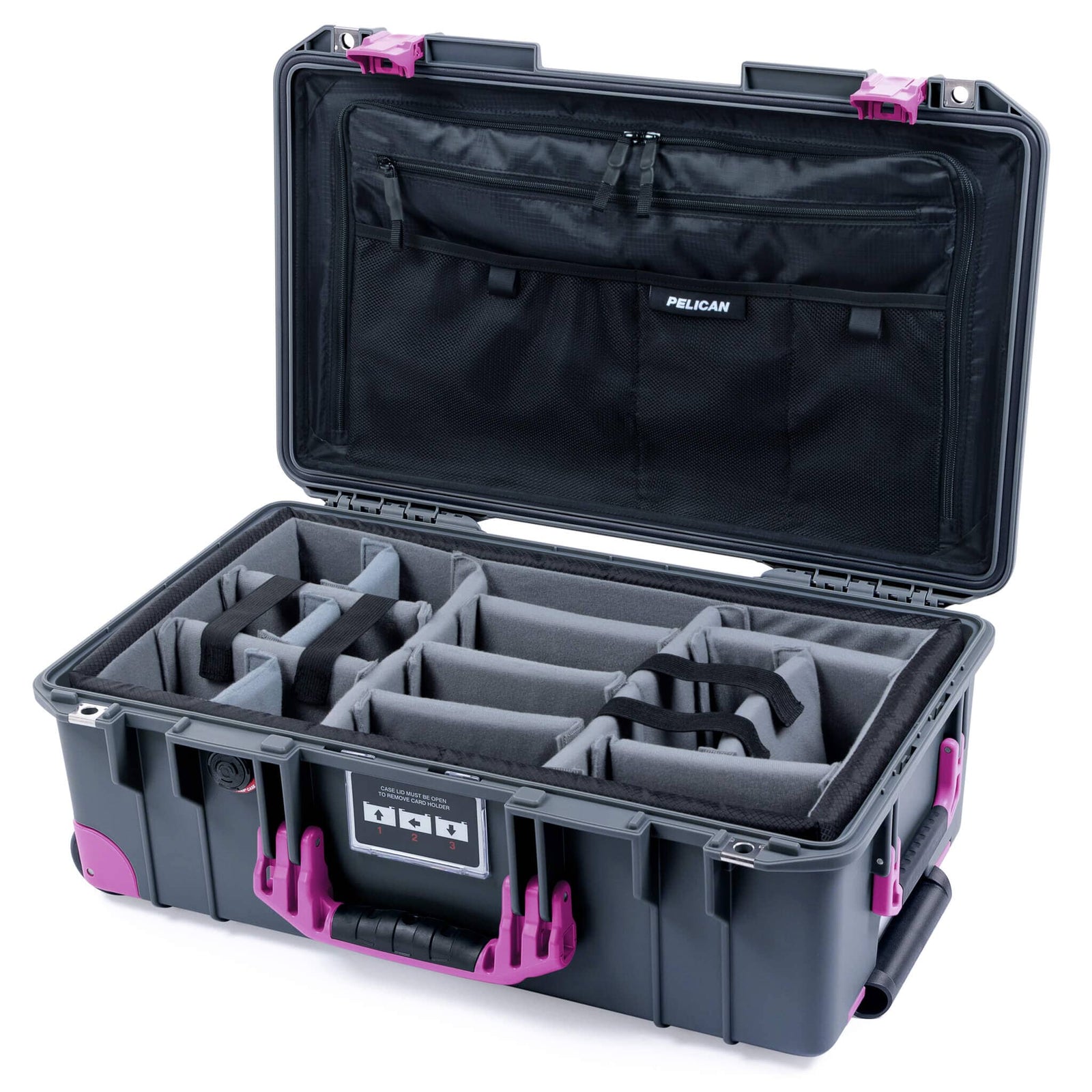 Pelican 1535 Air Case, Charcoal with Magenta Handles, Latches & Trolley Pick & Pluck Foam with TRVL Combo-Pouch Lid Organizer ColorCase 015350-0301-520-401-400