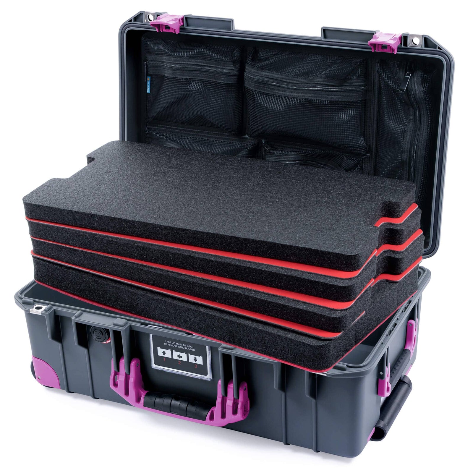 Pelican 1535 Air Case, Charcoal with Magenta Handles, Latches & Trolley Custom Tool Kit (4 Foam Inserts with Mesh Lid Organizers) ColorCase 015350-0160-520-401-400