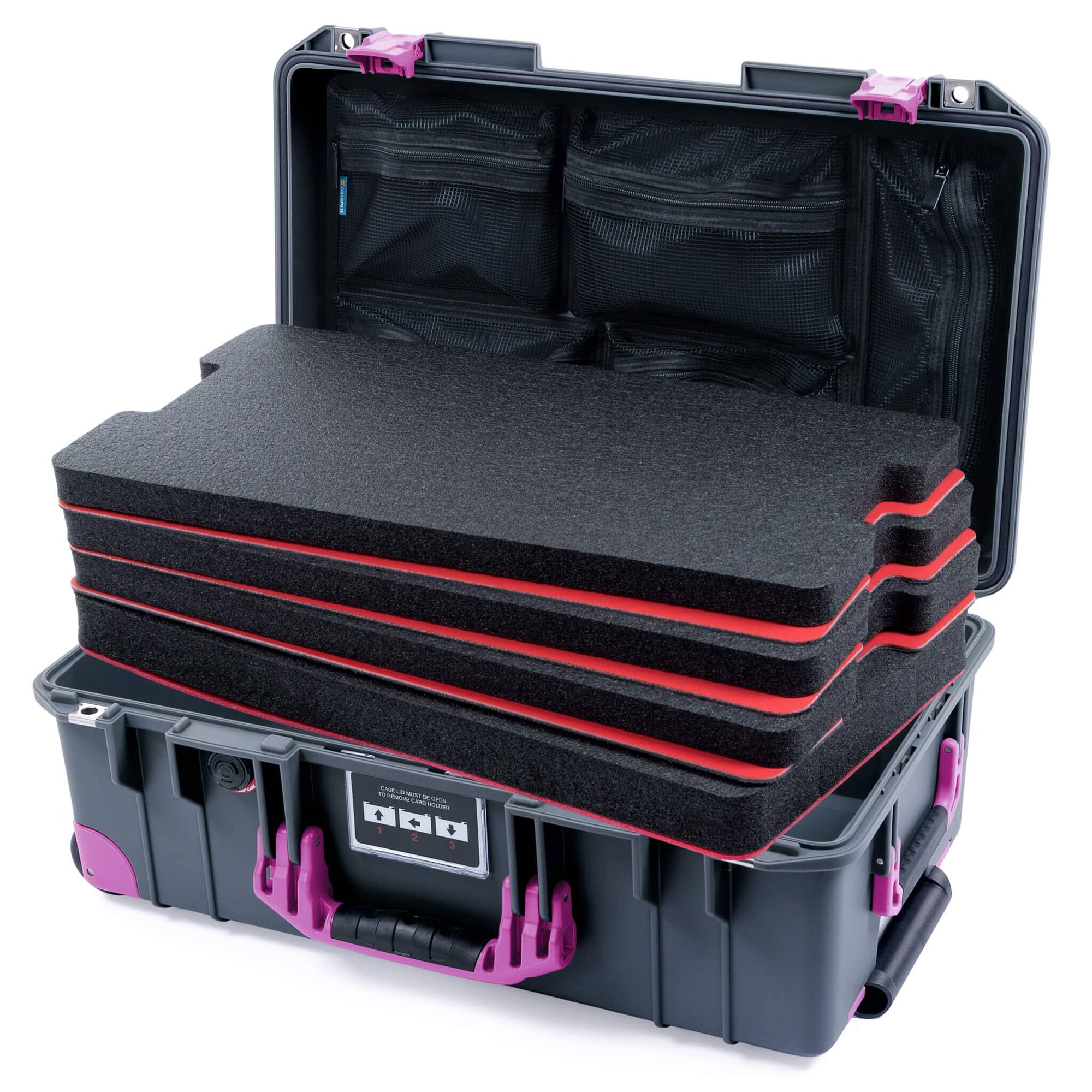 Pelican 1535 Air Case, Charcoal with Magenta Handles, Latches & Trolley Custom Tool Kit (4 Foam Inserts with Mesh Lid Organizers) ColorCase 015350-0160-520-401-400