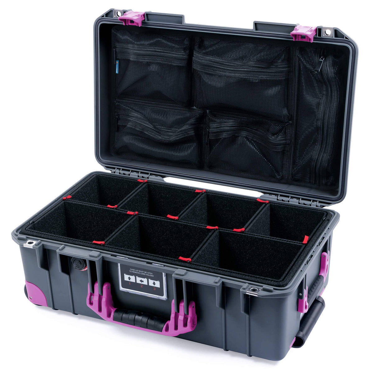 Pelican 1535 Air Case, Charcoal with Magenta Handles, Latches &amp; Trolley TrekPak Divider System with Mesh Lid Organizer ColorCase 015350-0120-520-401-400