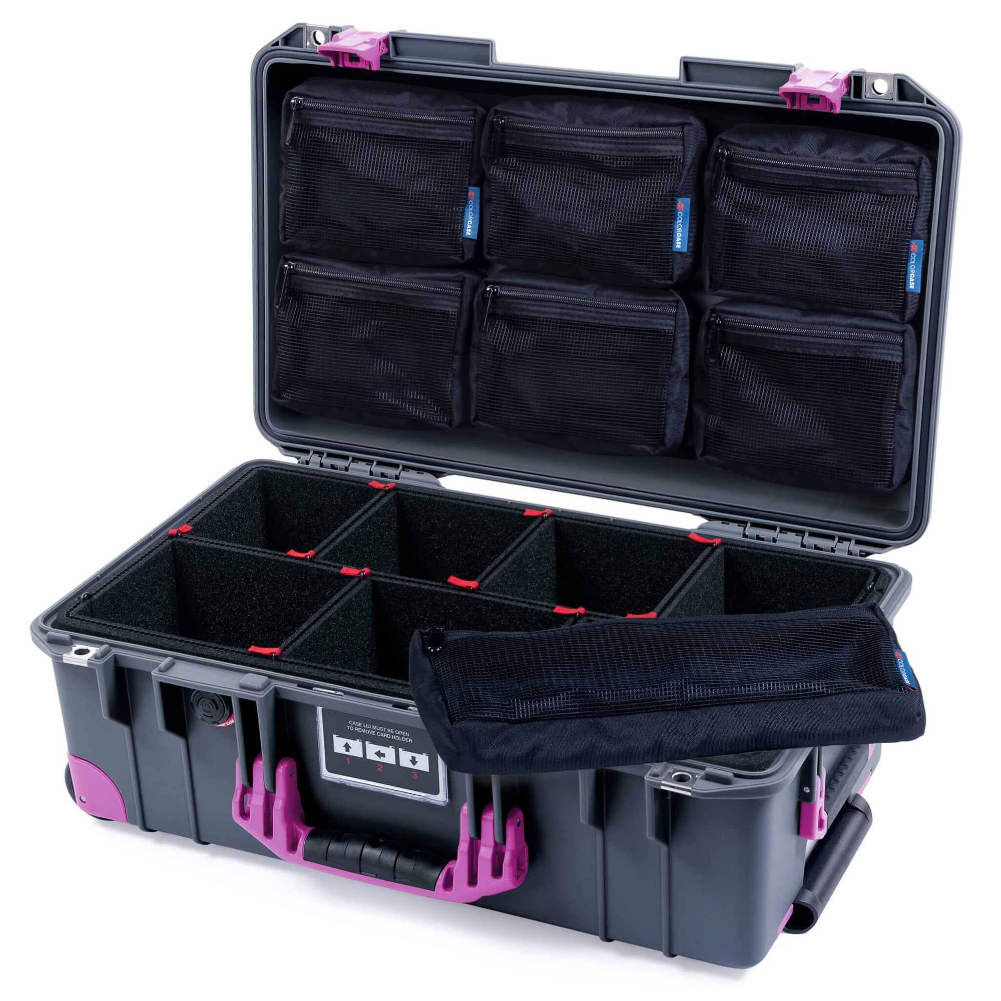 Pelican 1535 Air Case, Charcoal with Magenta Handles, Latches & Trolley TrekPak Divider System with 7-Piece Removable Mesh Pouches ColorCase 015350-0720-520-401-400
