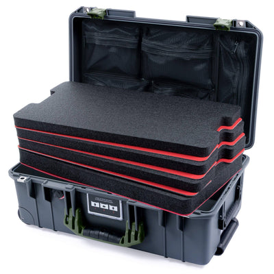 Pelican 1535 Air Case, Charcoal with OD Green Handles & Latches Custom Tool Kit (4 Foam Inserts with Mesh Lid Organizers) ColorCase 015350-0160-520-131