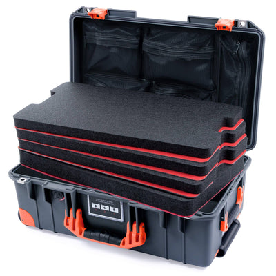 Pelican 1535 Air Case, Charcoal with Orange Handles, Push-Button Latches & Trolley Custom Tool Kit (4 Foam Inserts with Mesh Lid Organizers) ColorCase 015350-0160-520-150-150