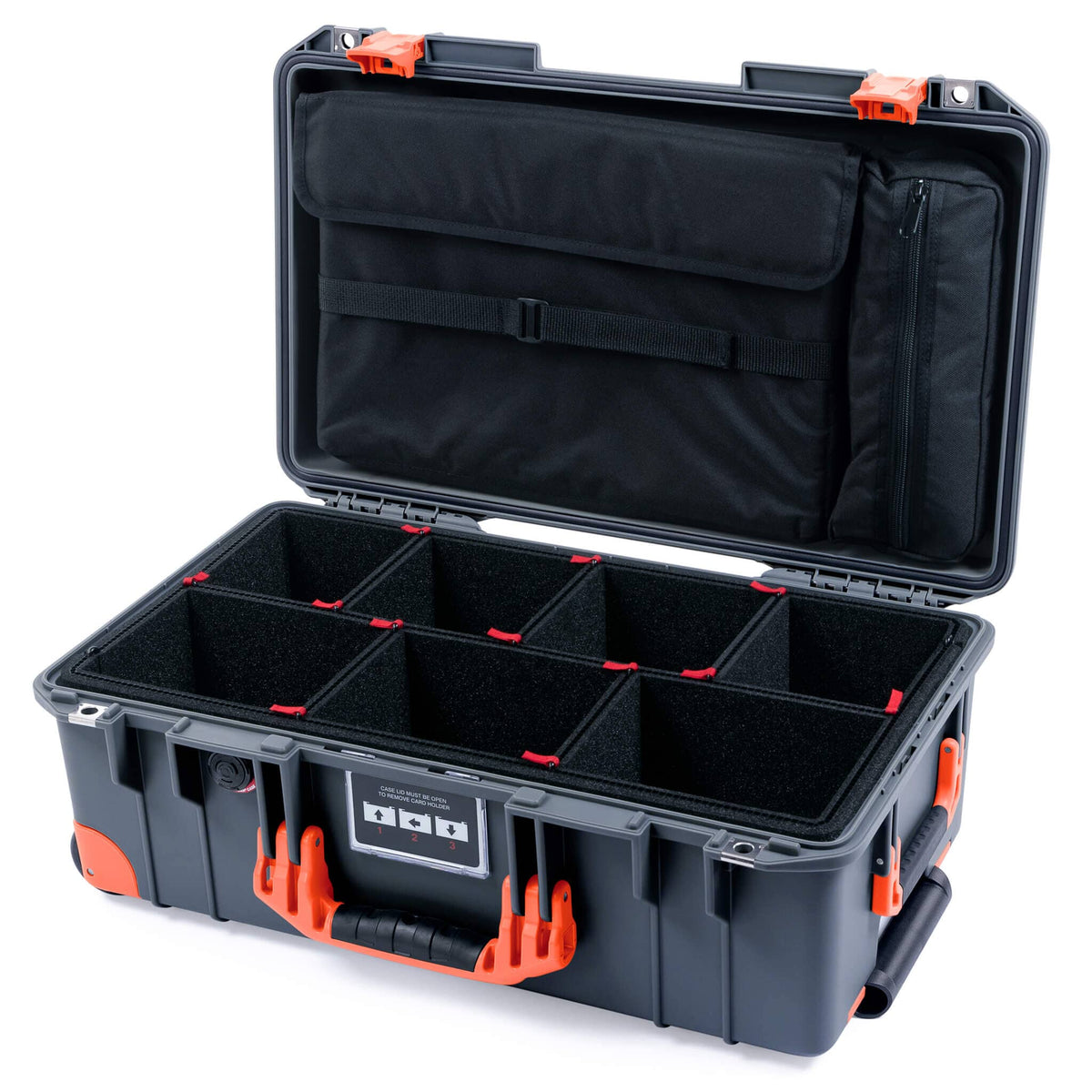 Pelican 1535 Air Case, Charcoal with Orange Handles, Push-Button Latches &amp; Trolley TrekPak Divider System with Computer Pouch ColorCase 015350-0220-520-150-150
