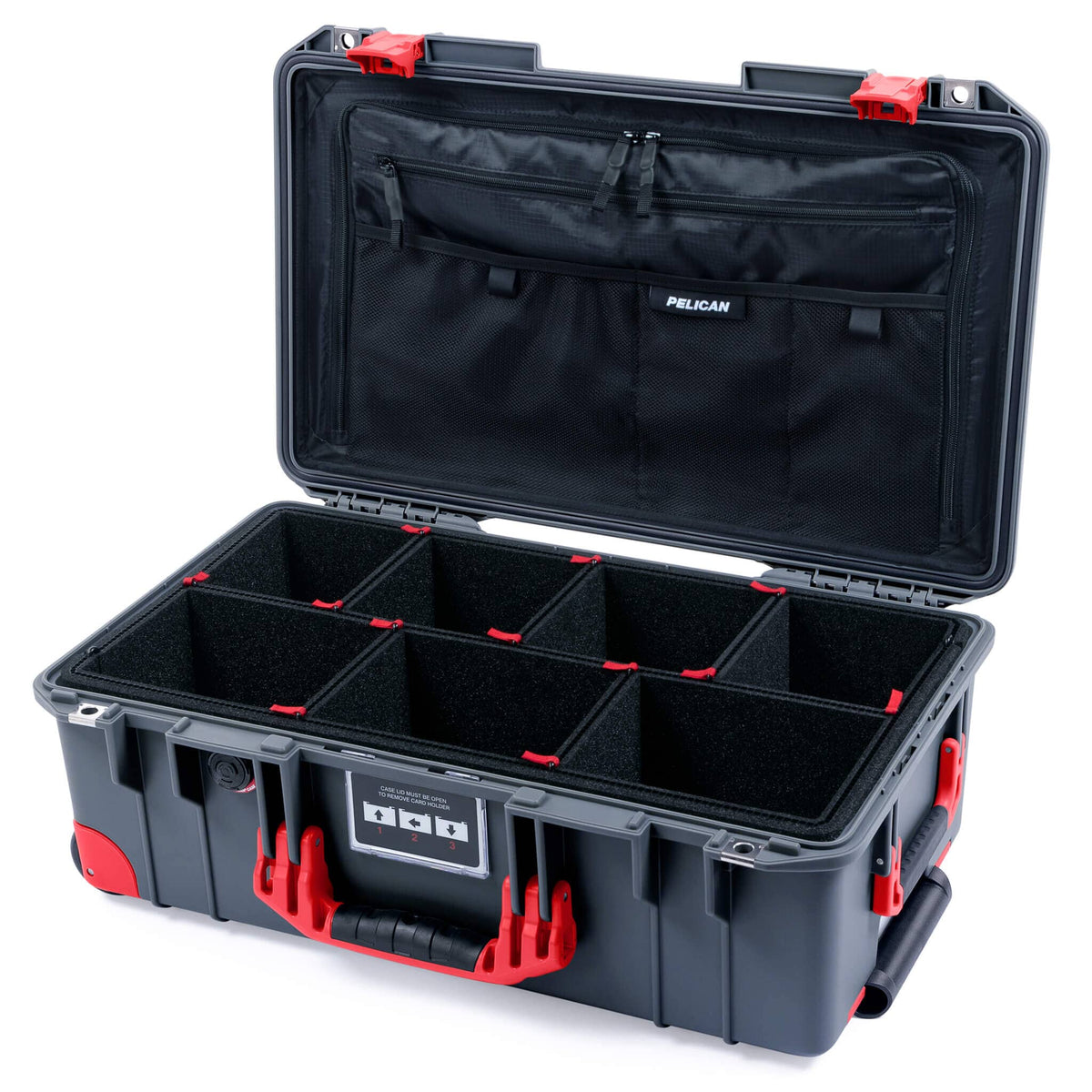 Pelican 1535 Air Case, Charcoal with Red Handles, Push-Button Latches &amp; Trolley TrekPak Divider System with Combo-Pouch Lid Organizer ColorCase 015350-0320-520-320-320