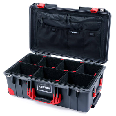 Pelican 1535 Air Case, Charcoal with Red Handles, Push-Button Latches & Trolley TrekPak Divider System with Combo-Pouch Lid Organizer ColorCase 015350-0320-520-320-320
