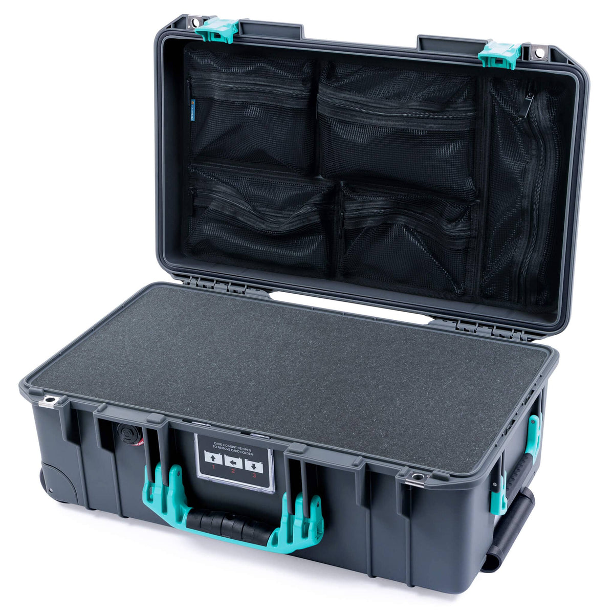 Pelican 1535 Air Case, Charcoal with Teal Handles &amp; Latches Pick &amp; Pluck Foam with Mesh Lid Organizer ColorCase 015350-0101-520-591