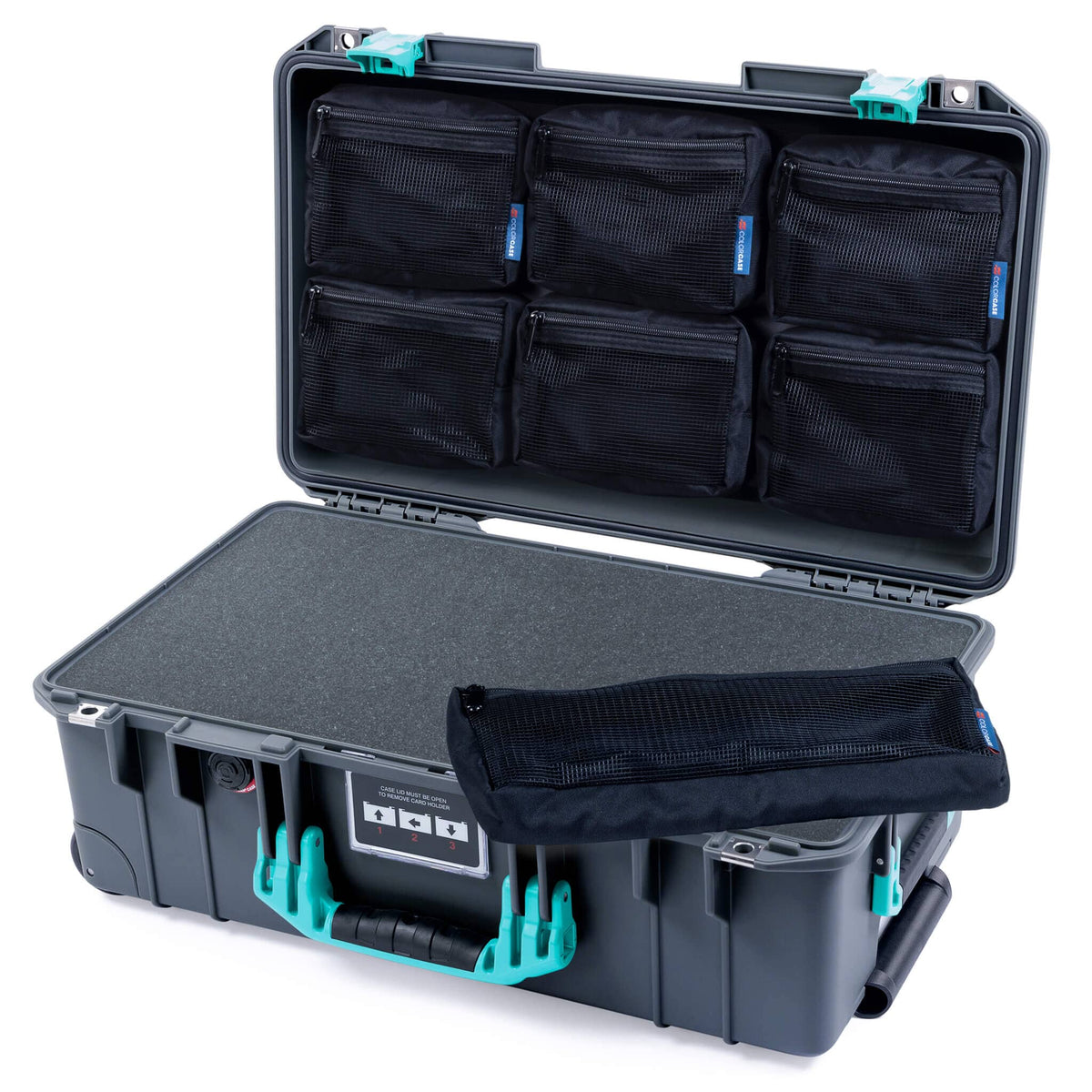 Pelican 1535 Air Case, Charcoal with Teal Handles &amp; Latches Pick &amp; Pluck Foam with TRVL Combo-Pouch Lid Organizer ColorCase 015350-0301-520-591