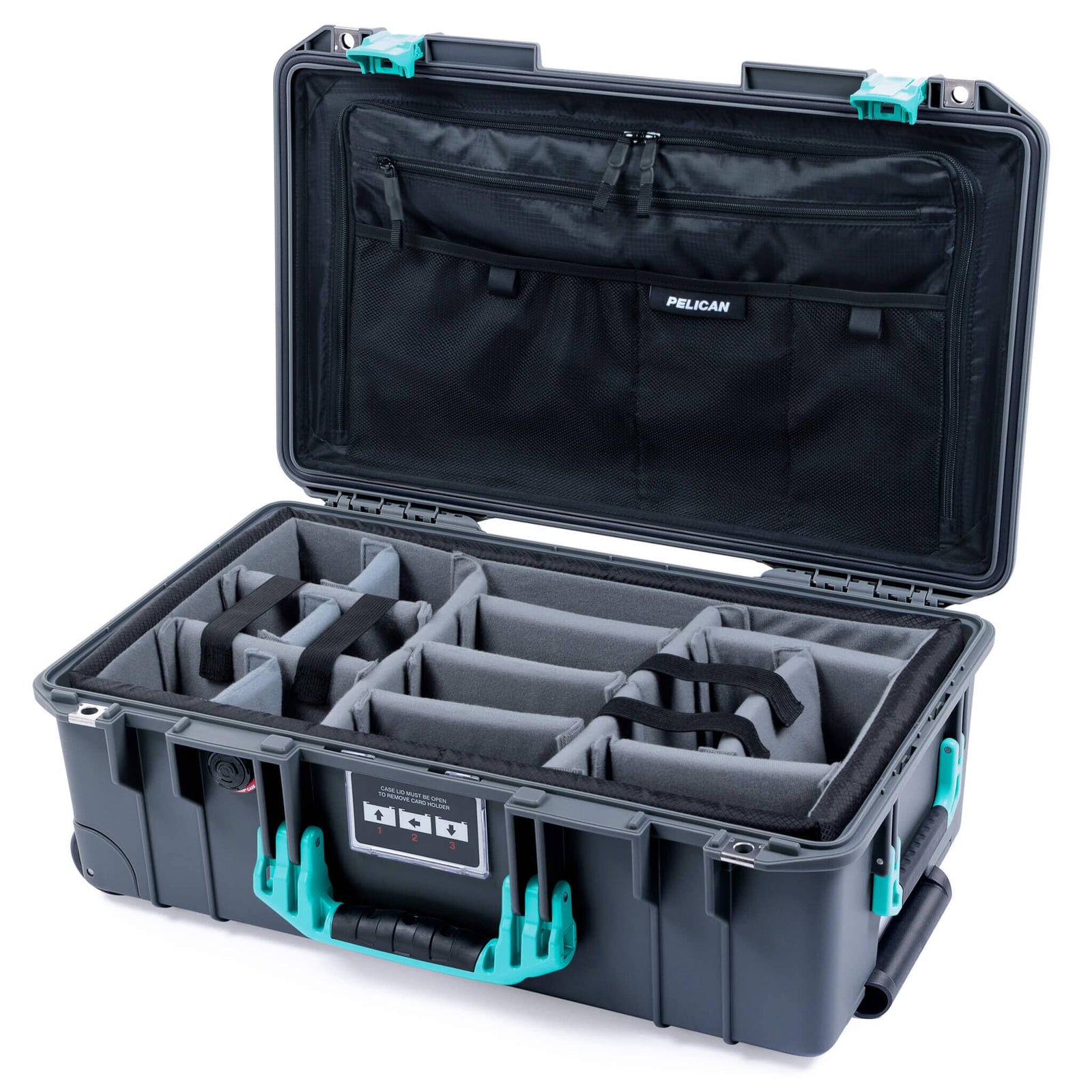 Pelican 1535 Air Case, Charcoal with Teal Handles & Latches Pick & Pluck Foam with 7-Piece Removable Mesh Pouches ColorCase 015350-0701-520-591
