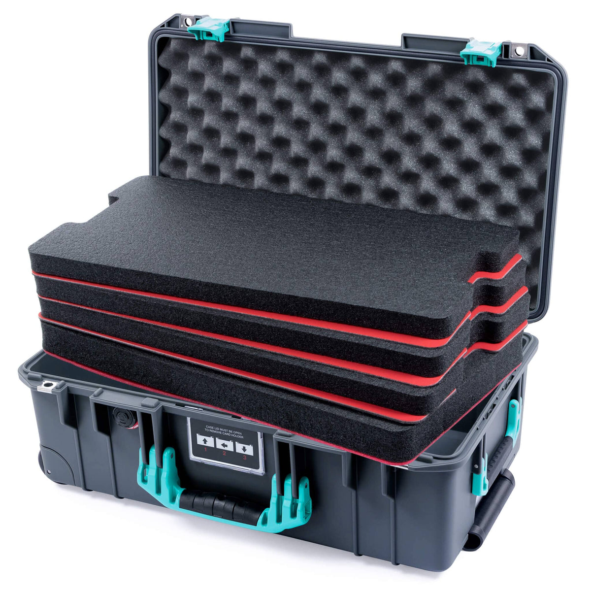 Pelican 1535 Air Case, Charcoal with Teal Handles &amp; Latches Custom Tool Kit (4 Foam Inserts with Convoluted Lid Foam) ColorCase 015350-0060-520-591