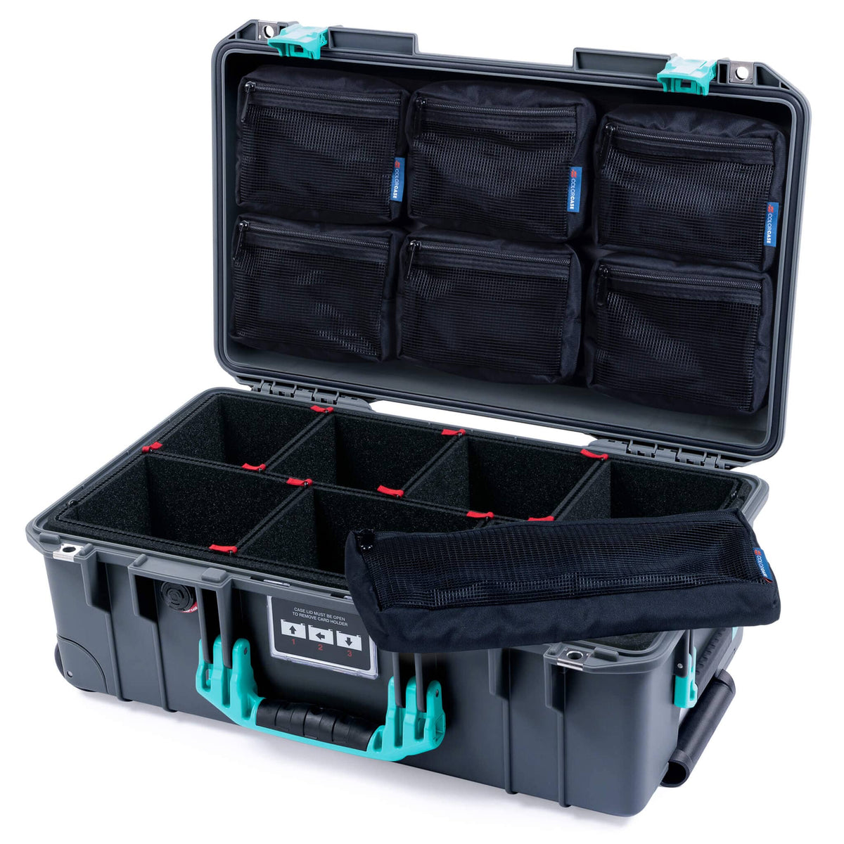 Pelican 1535 Air Case, Charcoal with Teal Handles &amp; Latches TrekPak Divider System with TRVL Combo-Pouch Lid Organizer ColorCase 015350-0320-520-591