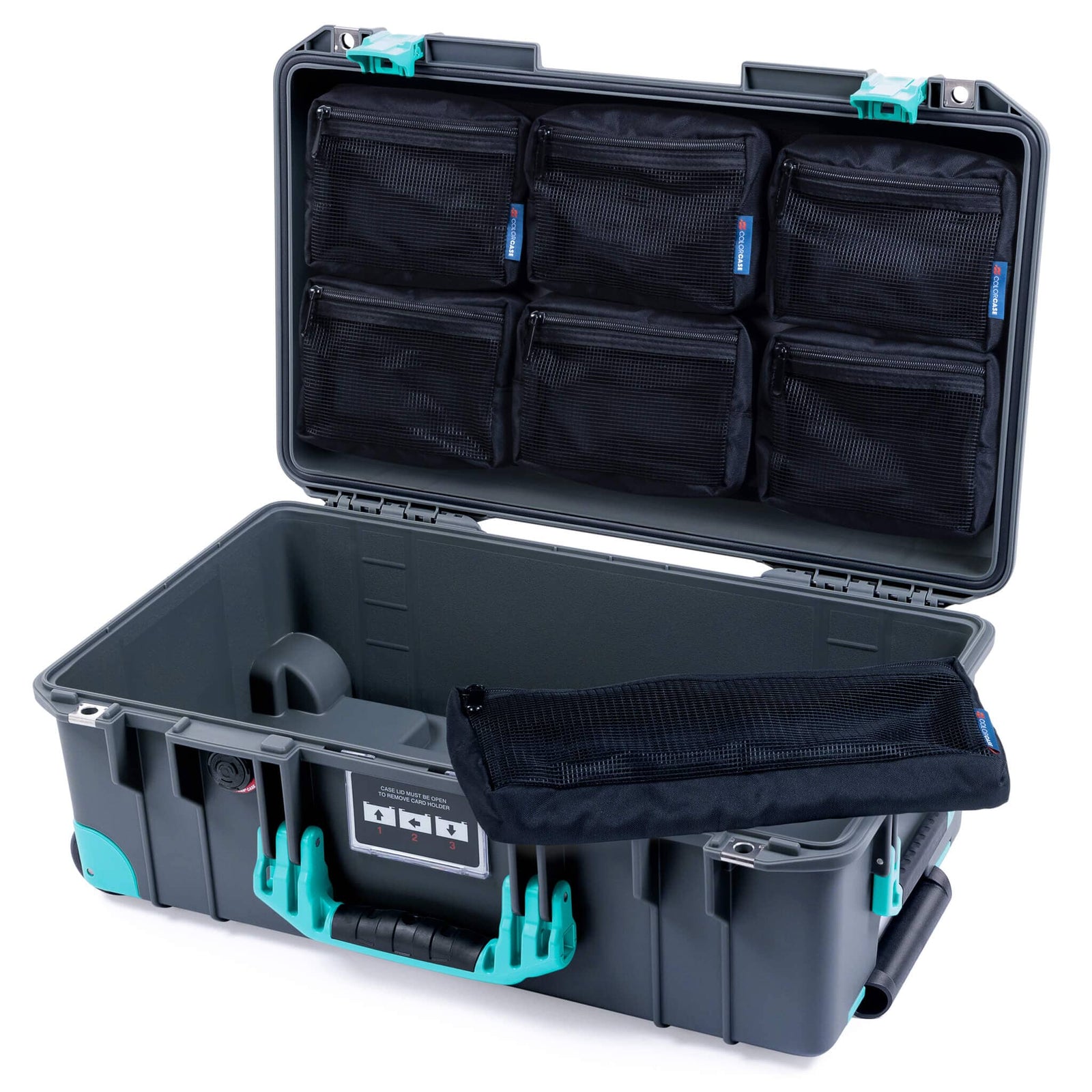 Pelican 1535 Air Case, Charcoal with Teal Handles, Latches & Trolley 7-Piece Removable Mesh Pouches Only ColorCase 015350-0700-520-591-590