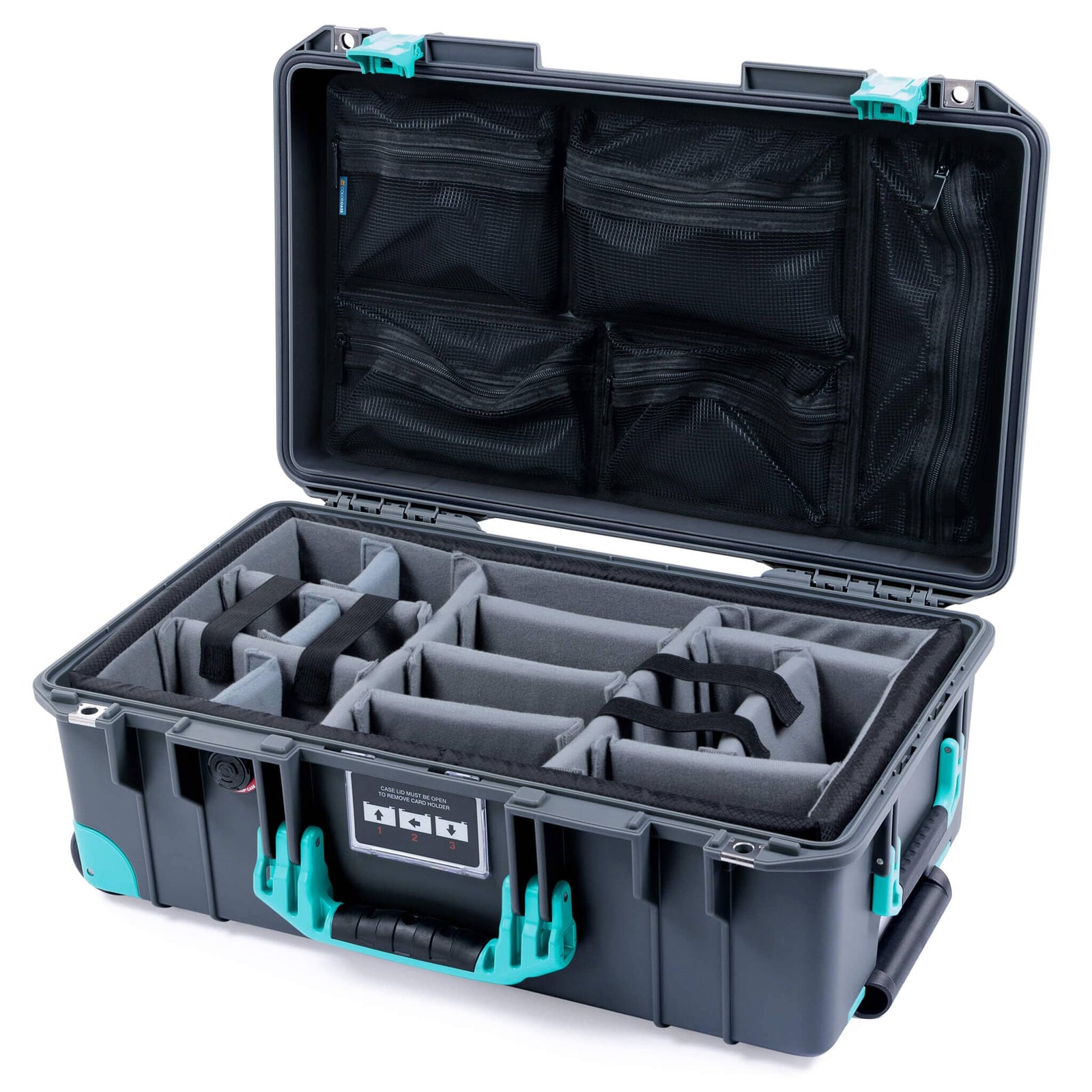 Pelican 1535 Air Case, Charcoal with Teal Handles, Latches & Trolley Gray Padded Microfiber Dividers with Mesh Lid Organizer ColorCase 015350-0170-520-591-590