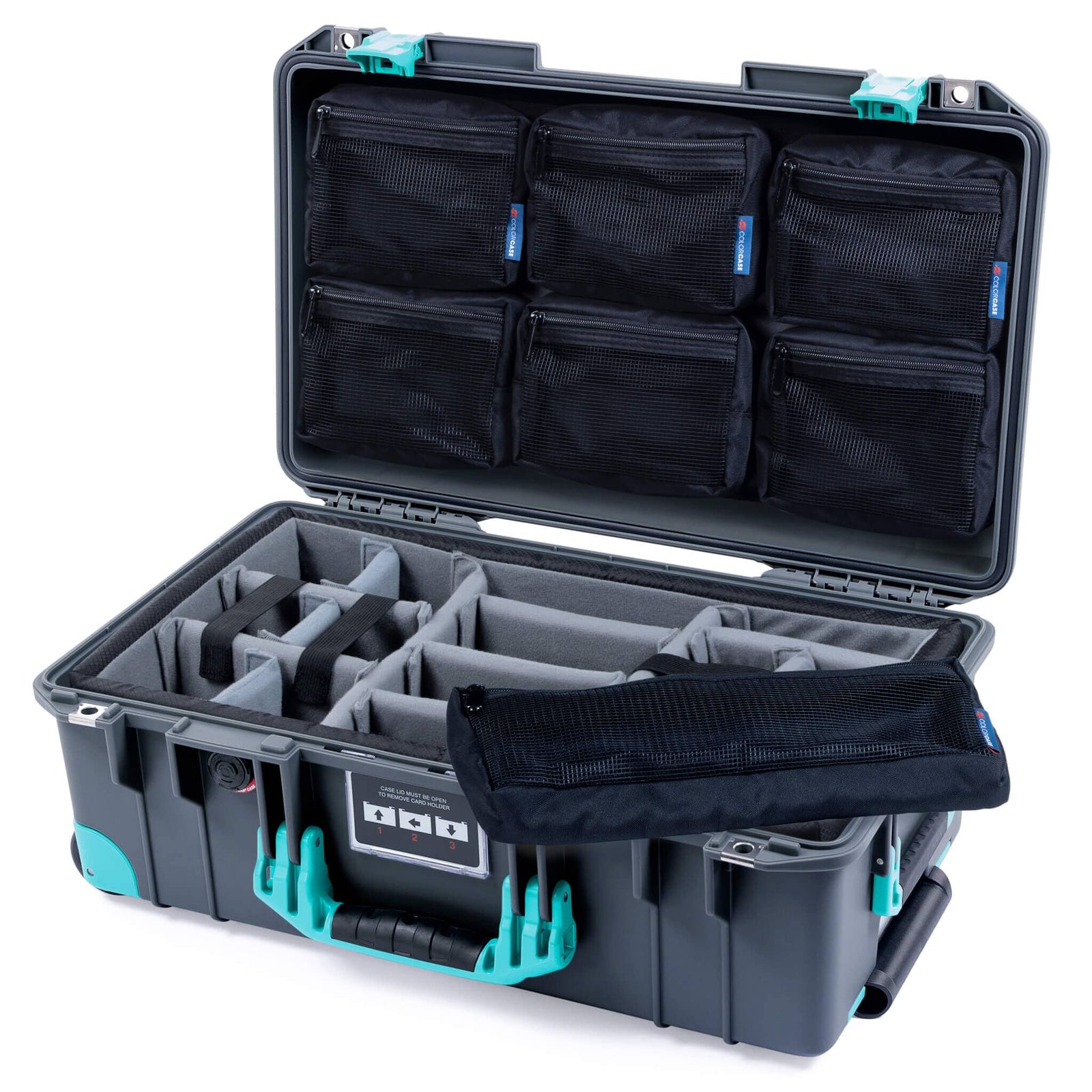 Pelican 1535 Air Case, Charcoal with Teal Handles, Latches & Trolley Gray Padded Microfiber Dividers with 7-Piece Removable Mesh Pouches ColorCase 015350-0770-520-591-590