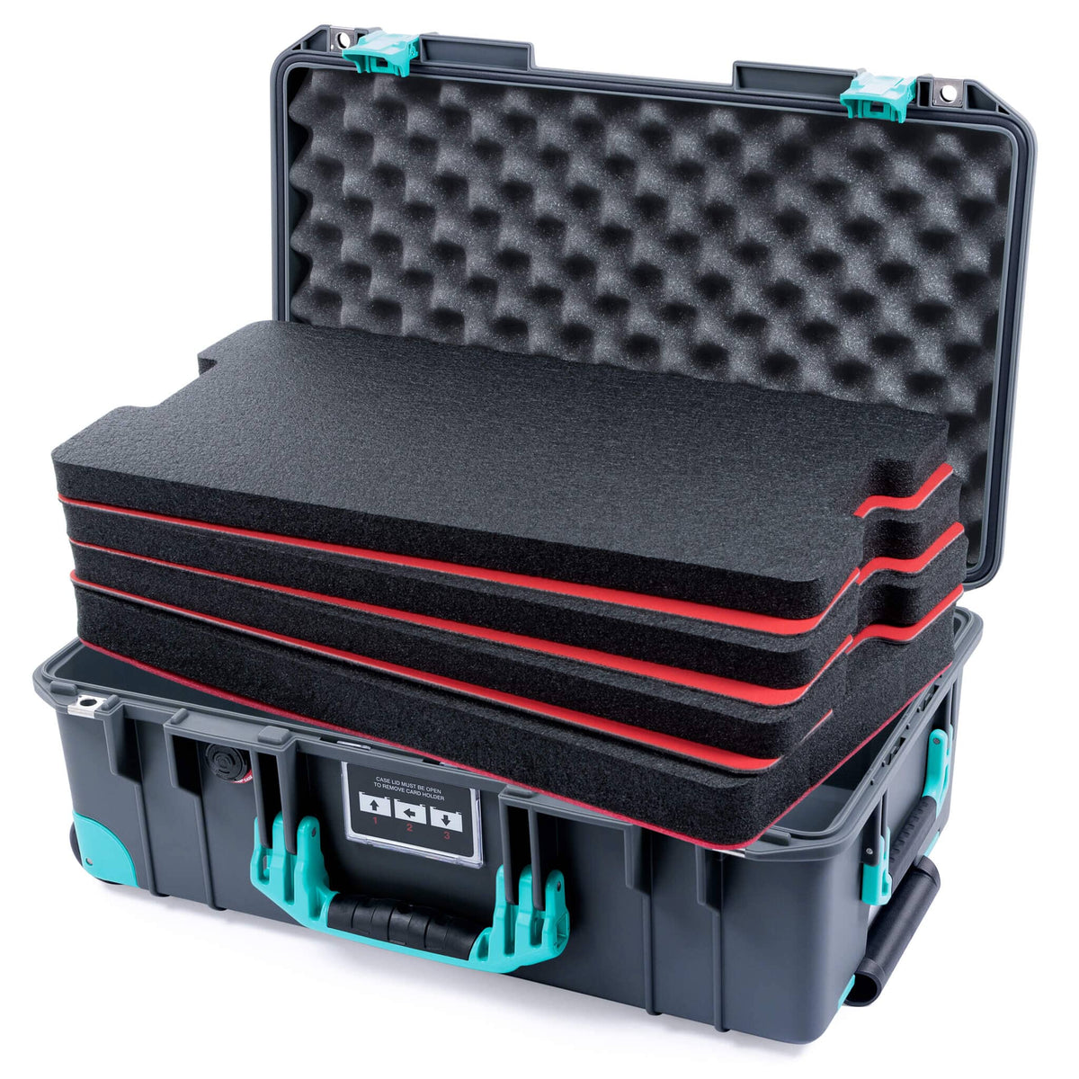 Pelican 1535 Air Case, Charcoal with Teal Handles, Latches &amp; Trolley Custom Tool Kit (4 Foam Inserts with Convoluted Lid Foam) ColorCase 015350-0060-520-591-590