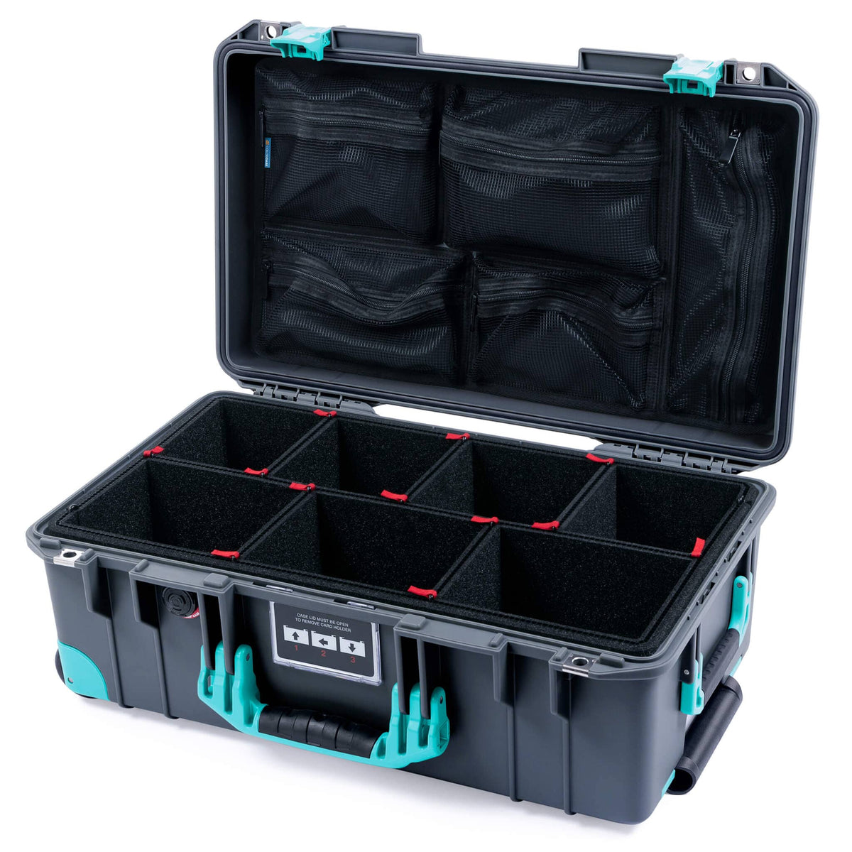 Pelican 1535 Air Case, Charcoal with Teal Handles, Latches &amp; Trolley TrekPak Divider System with Mesh Lid Organizer ColorCase 015350-0120-520-591-590