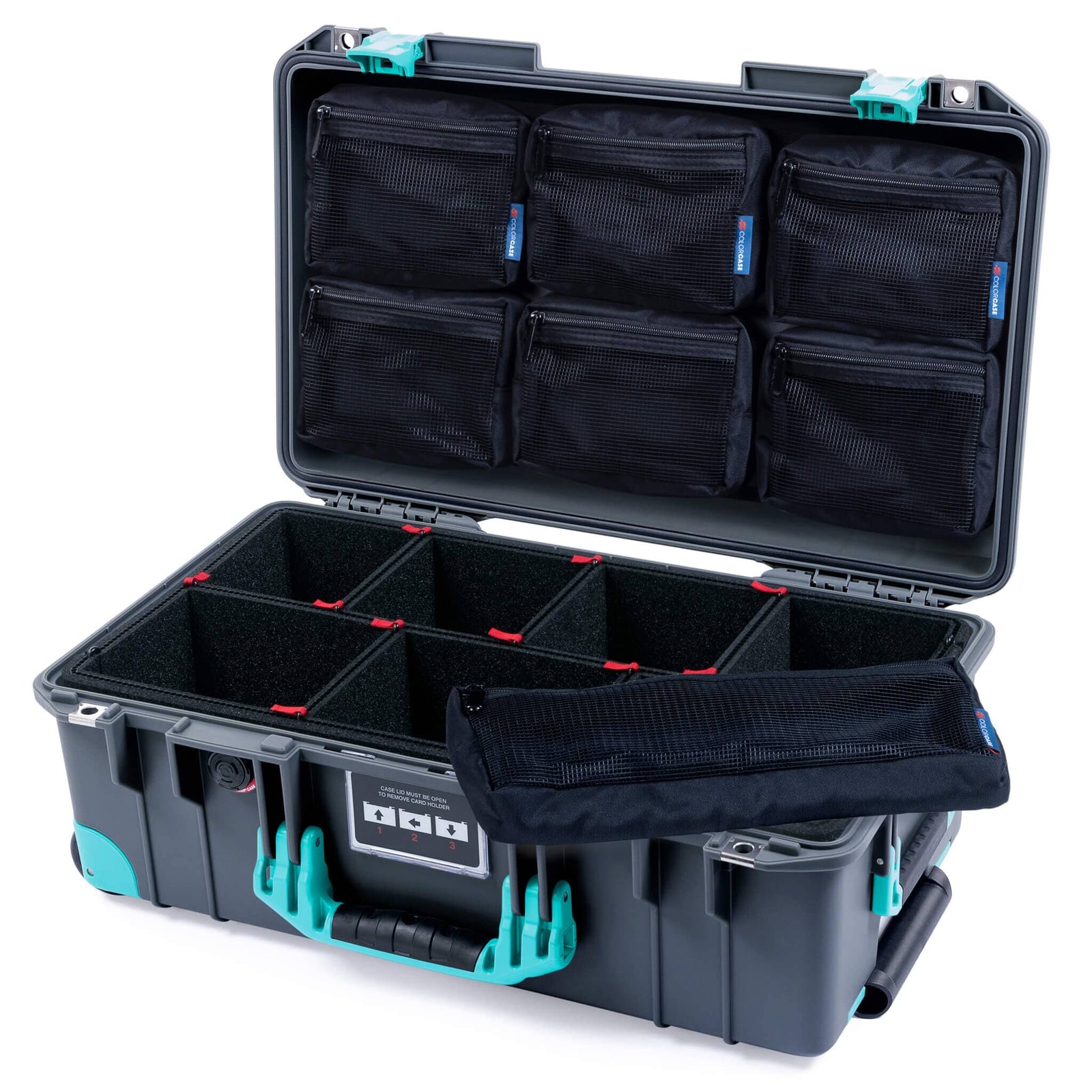 Pelican 1535 Air Case, Charcoal with Teal Handles, Latches & Trolley TrekPak Divider System with 7-Piece Removable Mesh Pouches ColorCase 015350-0720-520-591-590