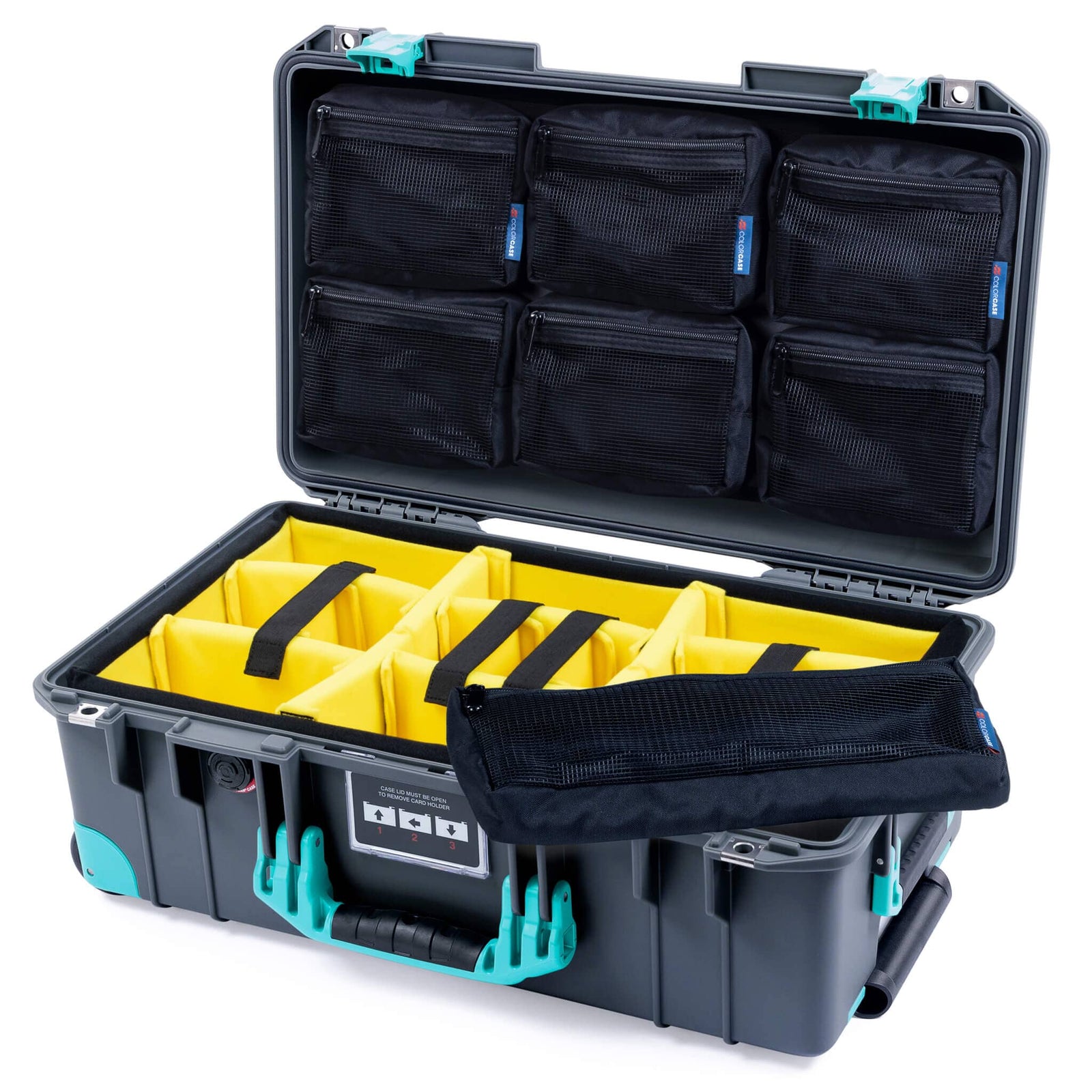 Pelican 1535 Air Case, Charcoal with Teal Handles, Latches & Trolley Yellow Padded Microfiber Dividers with 7-Piece Removable Mesh Pouches ColorCase 015350-0710-520-591-590