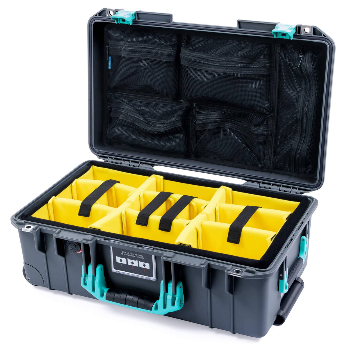 Pelican 1535 Air Case, Charcoal with Teal Handles &amp; Latches Yellow Padded Microfiber Dividers with Mesh Lid Organizer ColorCase 015350-0110-520-591