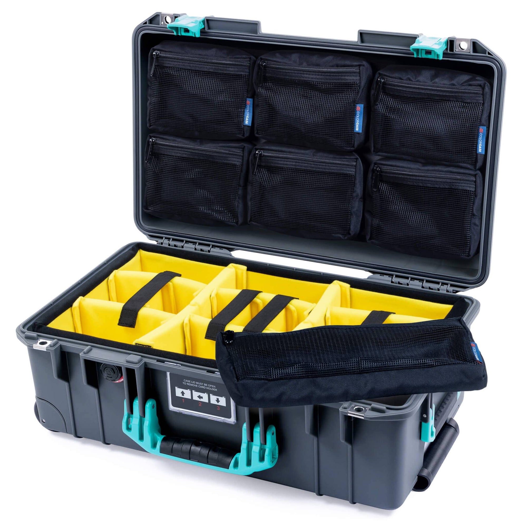 Pelican 1535 Air Case, Charcoal with Teal Handles & Latches Yellow Padded Microfiber Dividers with 7-Piece Removable Mesh Pouches ColorCase 015350-0710-520-591