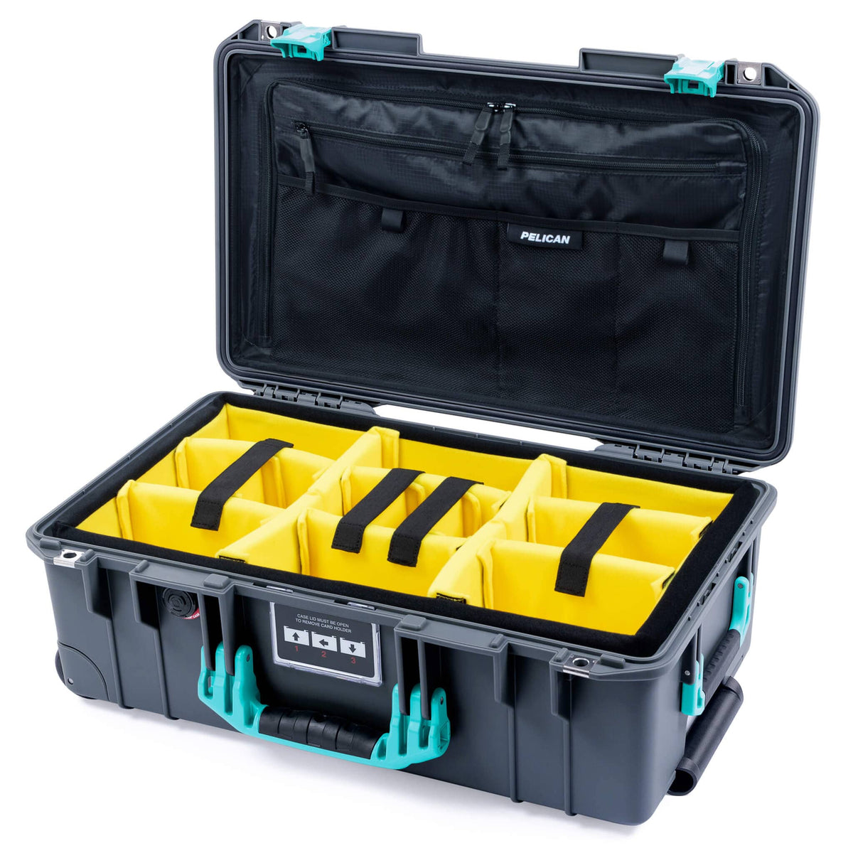 Pelican 1535 Air Case, Charcoal with Teal Handles &amp; Latches Yellow Padded Microfiber Dividers with TRVL Combo-Pouch Lid Organizer ColorCase 015350-0310-520-591