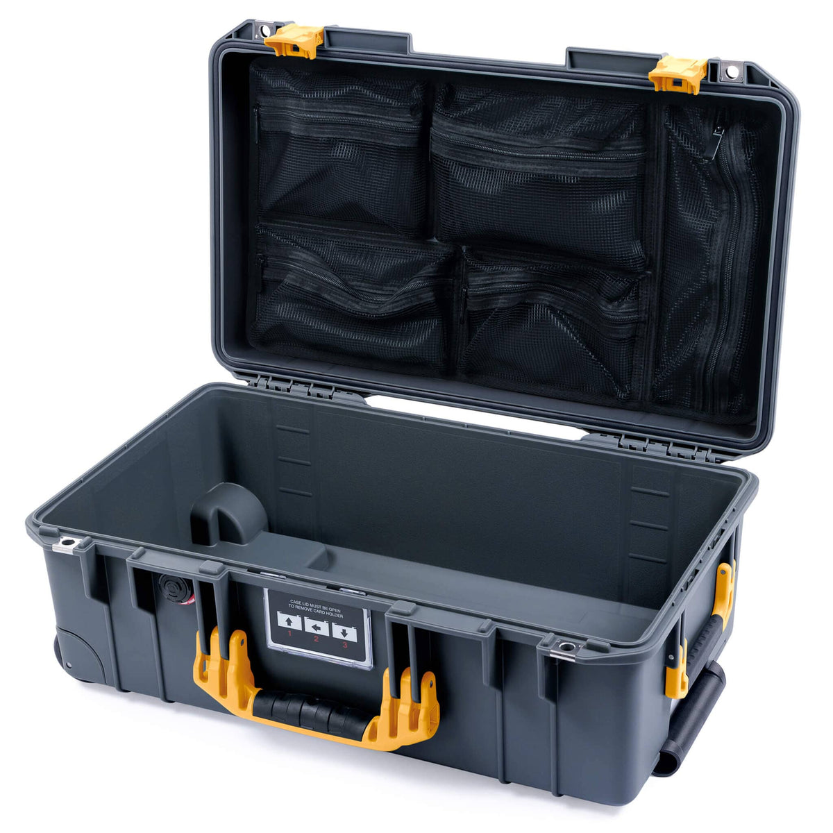 Pelican 1535 Air Case, Charcoal with Yellow Handles &amp; Push-Button Latches Mesh Lid Organizer Only ColorCase 015350-0100-520-240