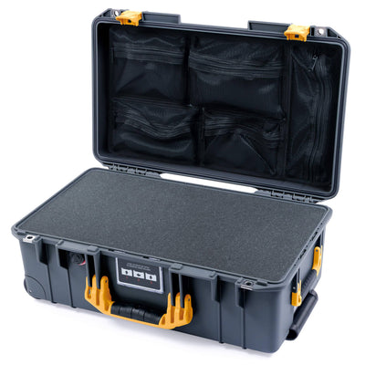 Pelican 1535 Air Case, Charcoal with Yellow Handles & Push-Button Latches Pick & Pluck Foam with Mesh Lid Organizer ColorCase 015350-0101-520-240