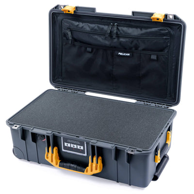 Pelican 1535 Air Case, Charcoal with Yellow Handles & Push-Button Latches Pick & Pluck Foam with Combo-Pouch Lid Organizer ColorCase 015350-0301-520-240