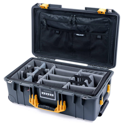 Pelican 1535 Air Case, Charcoal with Yellow Handles & Push-Button Latches Gray Padded Microfiber Dividers with Combo-Pouch Lid Organizer ColorCase 015350-0370-520-240