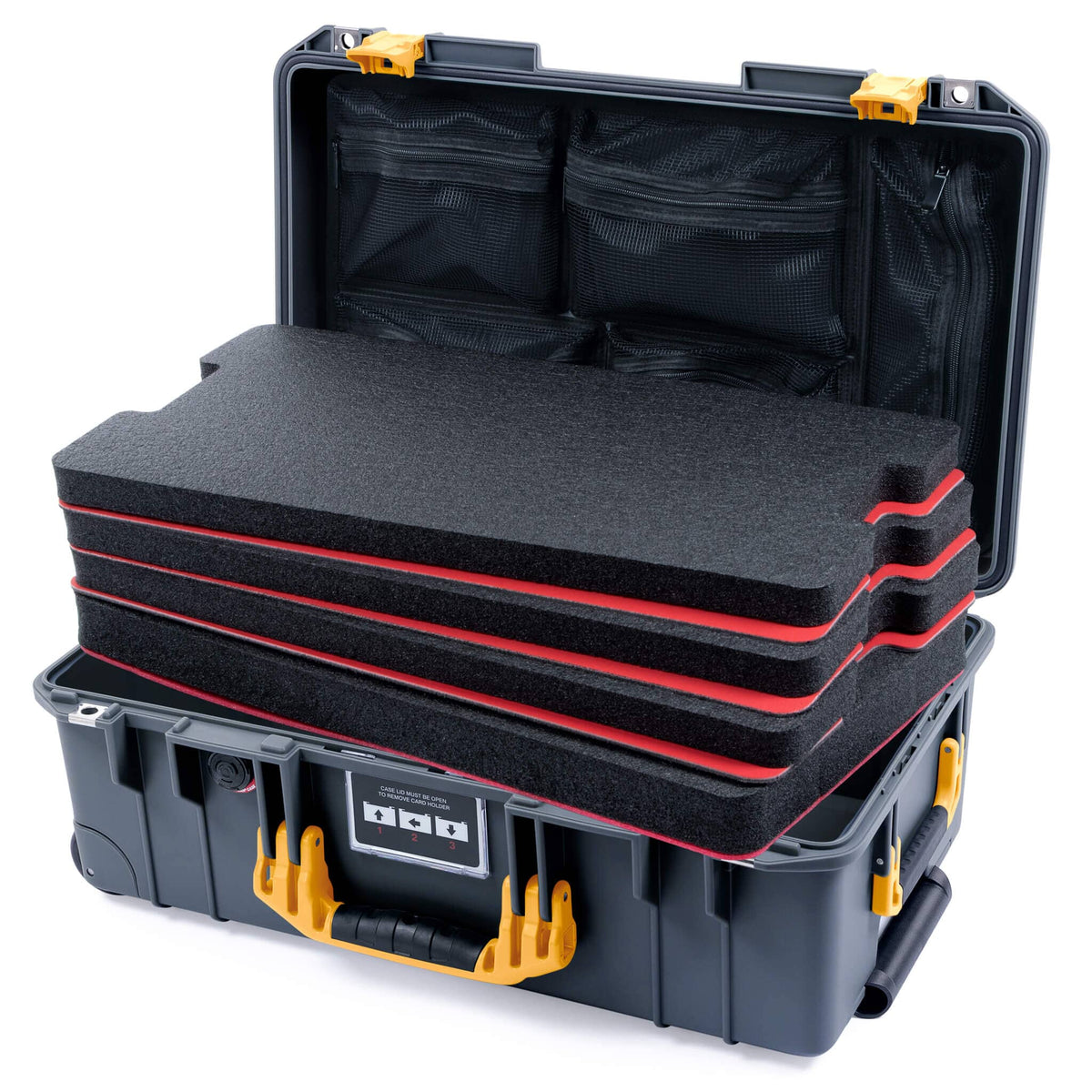 Pelican 1535 Air Case, Charcoal with Yellow Handles &amp; Push-Button Latches Custom Tool Kit (4 Foam Inserts with Mesh Lid Organizers) ColorCase 015350-0160-520-240
