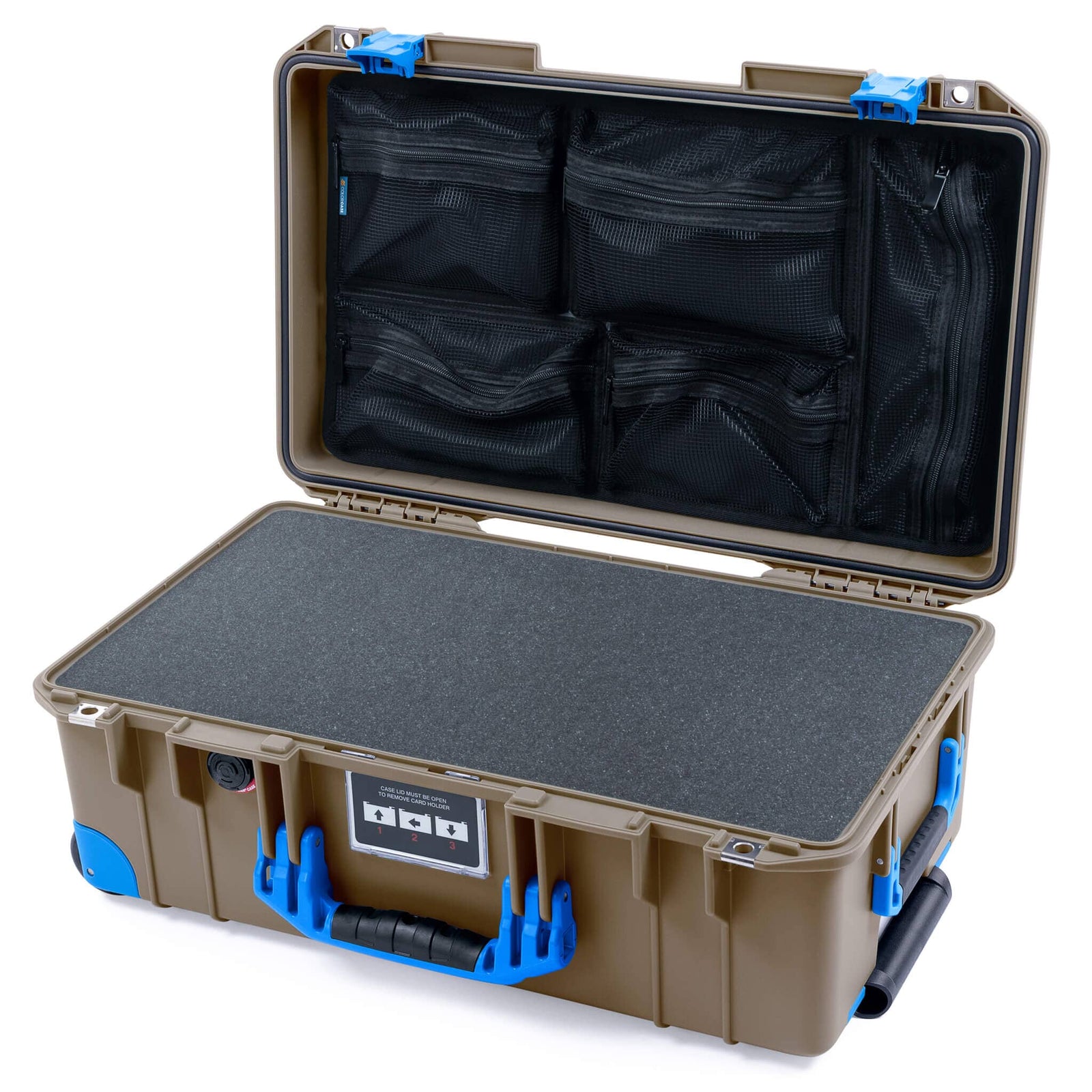 Pelican 1535 Air Case, Dark Desert Dirt with Blue Handles, Latches & Trolley Pick & Pluck Foam with Mesh Lid Organizer ColorCase 015350-0101-580-121-120