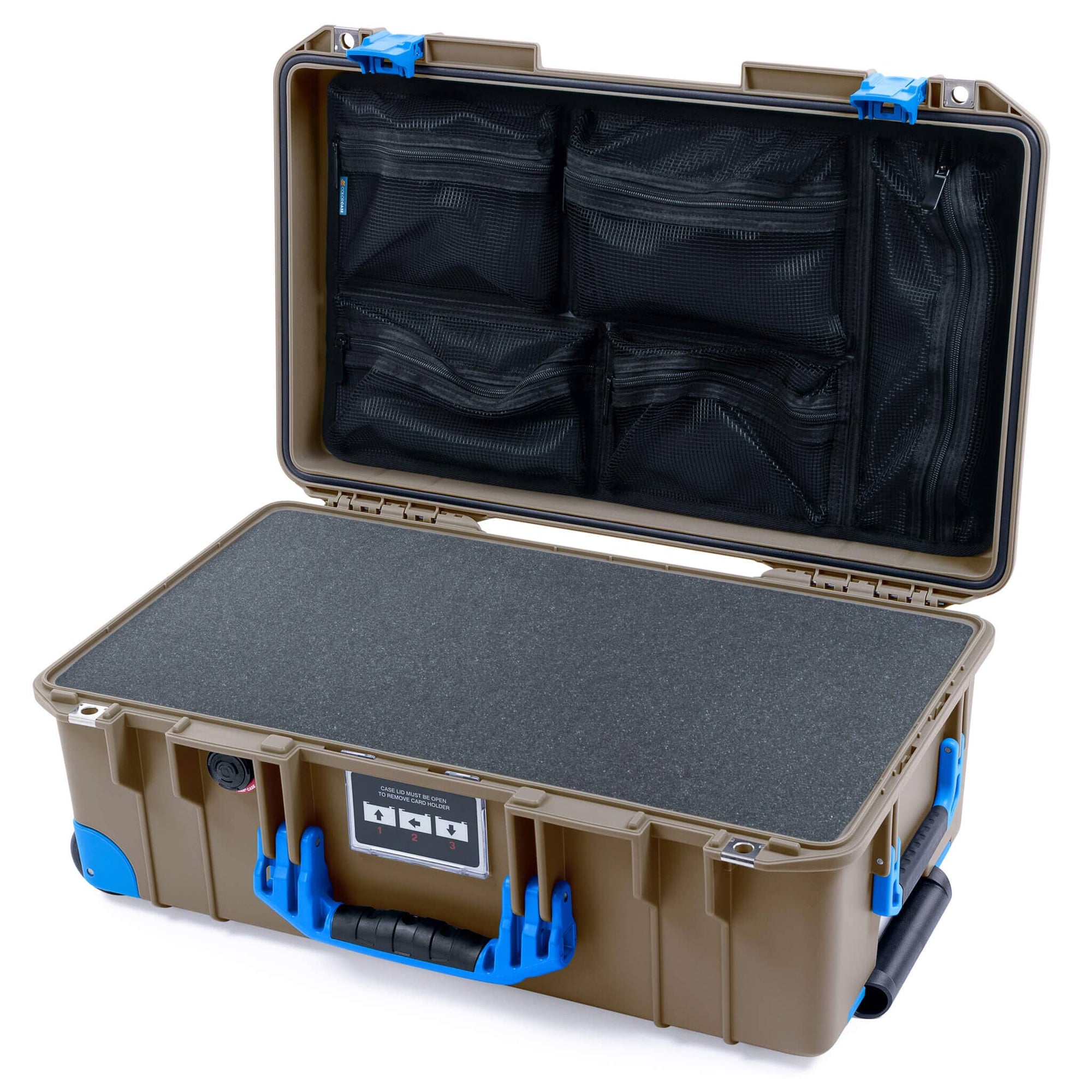 Pelican 1535 Air Case, Dark Desert Dirt with Blue Handles, Latches & Trolley Pick & Pluck Foam with Mesh Lid Organizer ColorCase 015350-0101-580-121-120