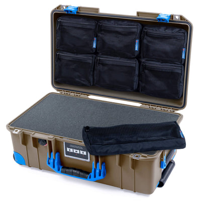 Pelican 1535 Air Case, Dark Desert Dirt with Blue Handles, Latches & Trolley Pick & Pluck Foam with 7-Piece Removable Mesh Pouches ColorCase 015350-0701-580-121-120