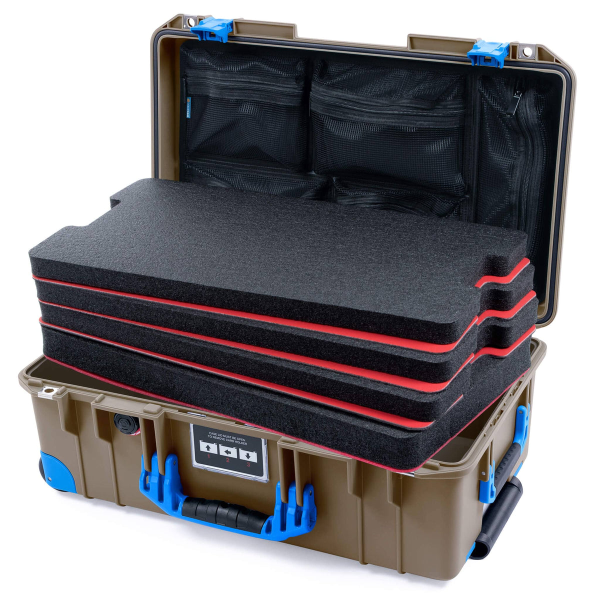 Pelican 1535 Air Case, Dark Desert Dirt with Blue Handles, Latches &amp; Trolley Custom Tool Kit (4 Foam Inserts with Mesh Lid Organizer) ColorCase 015350-0160-580-121-120