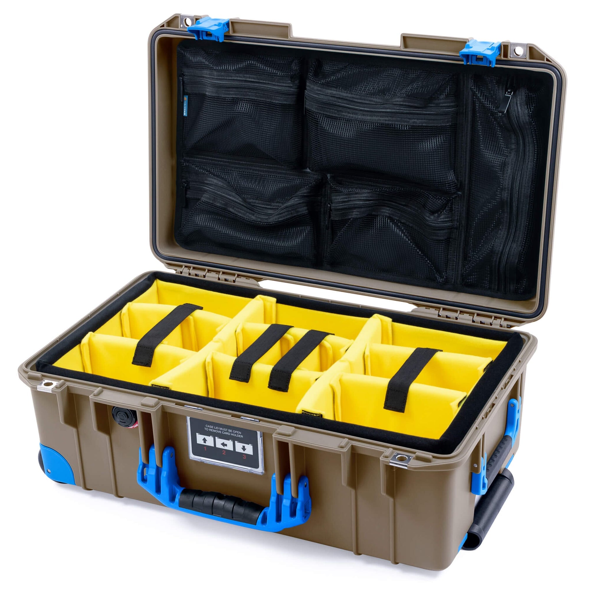 Pelican 1535 Air Case, Dark Desert Dirt with Blue Handles, Latches & Trolley Yellow Padded Microfiber Dividers with Mesh Lid Organizer ColorCase 015350-0110-580-121-120